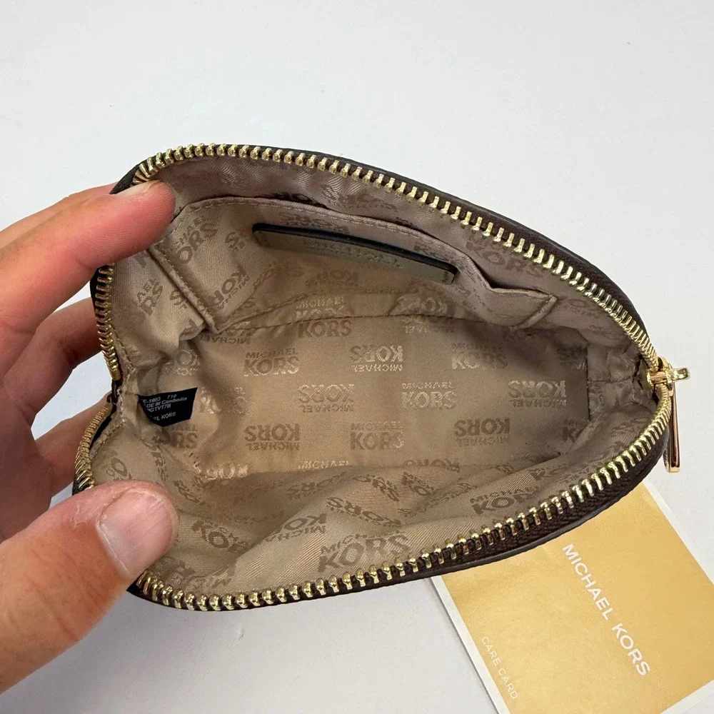 Michael Kors Brown Signature Logo Dragonfly Dome Cosmetic Pouch Bag Gold NEW